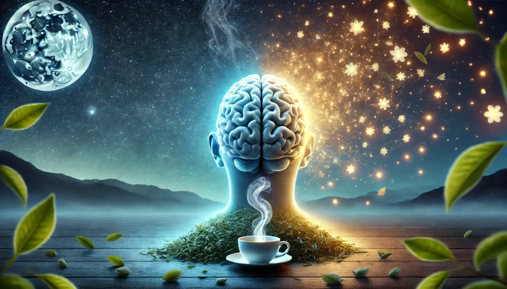 A surreal scene of a glowing brain floating in a serene nighttime landscape with soft blue hues. One side of the brain emits a peaceful glow surrounded by floating tea leaves, symbolizing relaxation. The other side radiates bright golden energy, representing enhanced focus and wakefulness. The atmosphere harmonizes between tranquility and mental alertness