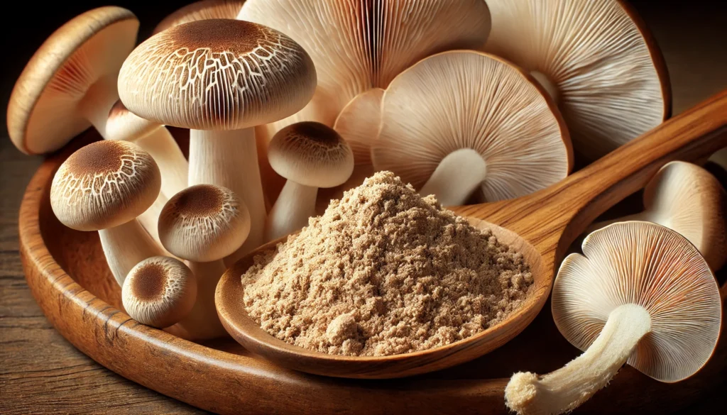 A close-up of finely ground Lion’s Mane mushroom powder in a wooden spoon, surrounded by fresh mushrooms, highlighting its natural purity and role in supporting brain function.