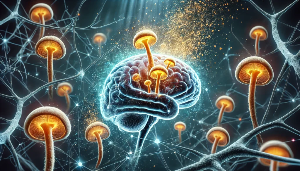 A conceptual scientific illustration of Lion’s Mane mushroom powder interacting with brain neurons, showing a glowing neural network absorbing supplement particles for cognitive benefits.