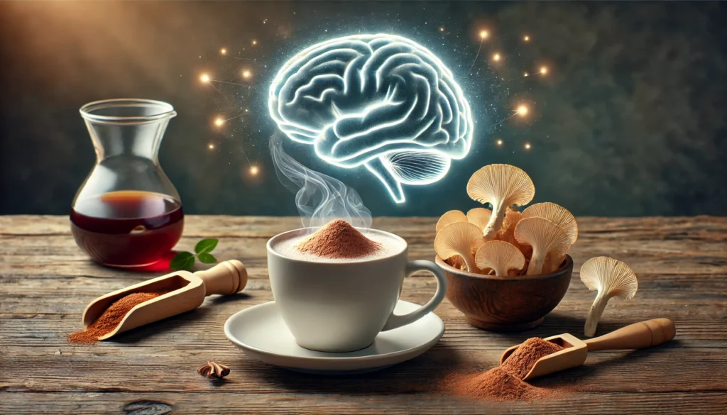 A serene morning scene with a steaming cup of coffee or tea infused with Lion’s Mane mushroom powder, placed on a wooden table with a subtle glowing brain outline in the background, symbolizing daily cognitive support.