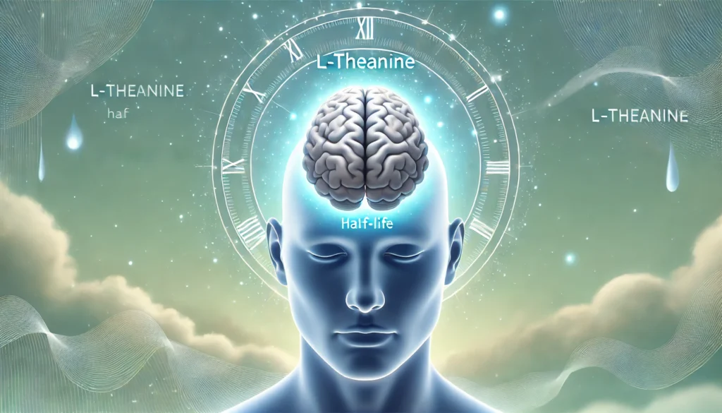 An artistic visualization of L-Theanine’s cognitive benefits, depicting a floating brain above a tranquil body of water. Gentle ripples extend outward, symbolizing the gradual and lasting effects of L-Theanine. The soft blue and green gradient background enhances the sense of mental balance, relaxation, and focus