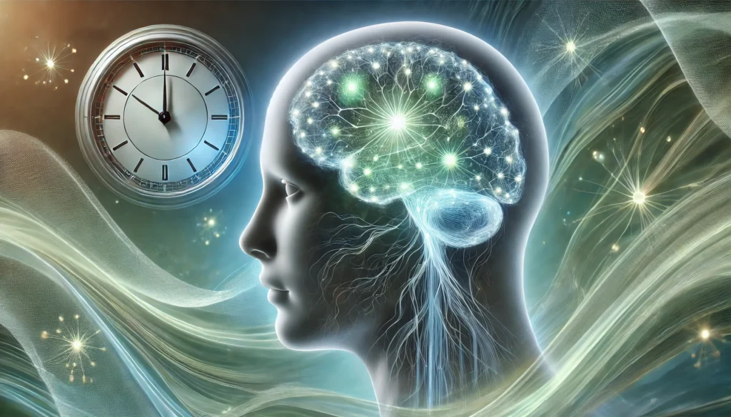A futuristic depiction of L-Theanine’s cognitive benefits, showing a transparent human head with a glowing neural network inside. Illuminated neurons in blue and green hues symbolize mental clarity and relaxation, while a soft clock overlay subtly represents the compound’s half-life and duration of effect