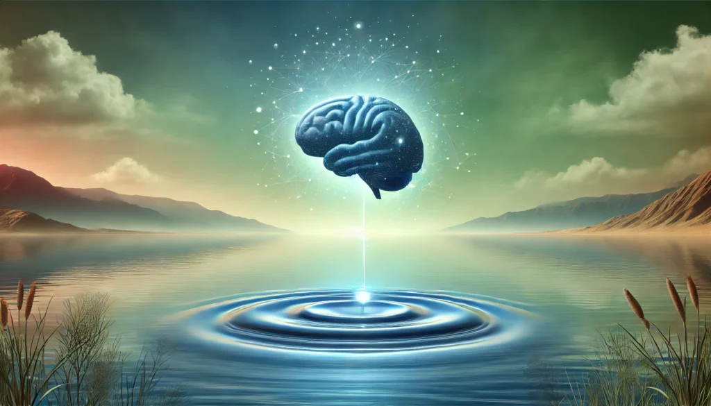 An artistic visualization of L-Theanine’s cognitive benefits, depicting a floating brain above a tranquil body of water. Gentle ripples extend outward, symbolizing the gradual and lasting effects of L-Theanine. The soft blue and green gradient background enhances the sense of mental balance, relaxation, and focus