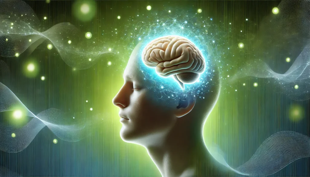 A conceptual digital illustration of L-Theanine and ADHD, depicting a human brain glowing with neural activity, enveloped in a calming green aura. The background features a blend of blue and green hues, symbolizing relaxation and improved focus