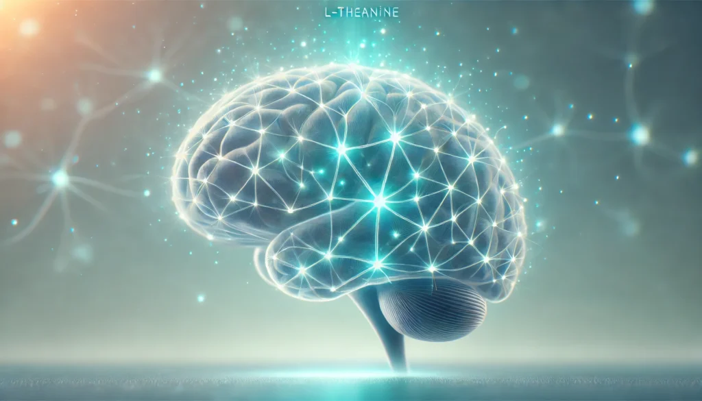 A scientific visualization of L-Theanine’s effects on the brain, illustrating neurotransmitters glowing in a calm, focused state. The smooth neural network emits a gentle blue-green glow, symbolizing enhanced concentration and relaxation