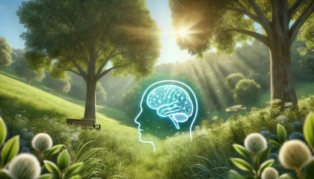 A peaceful nature-inspired digital illustration representing L-Theanine’s effects on mental clarity and relaxation. A lush green meadow with soft sunlight filtering through the trees features a subtle glowing outline of a human brain, symbolizing calmness, focus, and cognitive balance