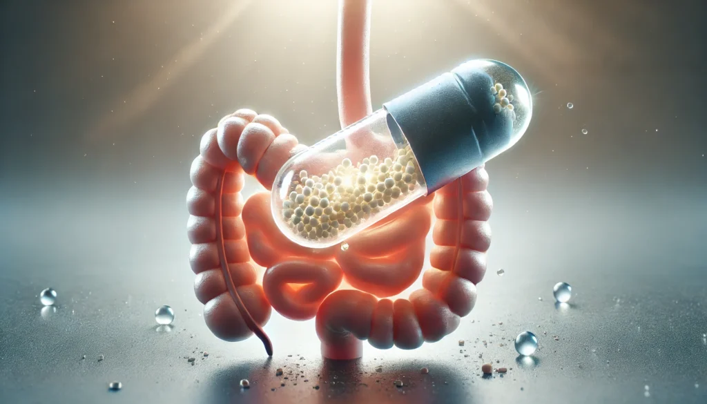 A close-up of a dissolving transparent capsule in a stomach-like environment, symbolizing the gentle absorption of L-Theanine when taken on an empty stomach