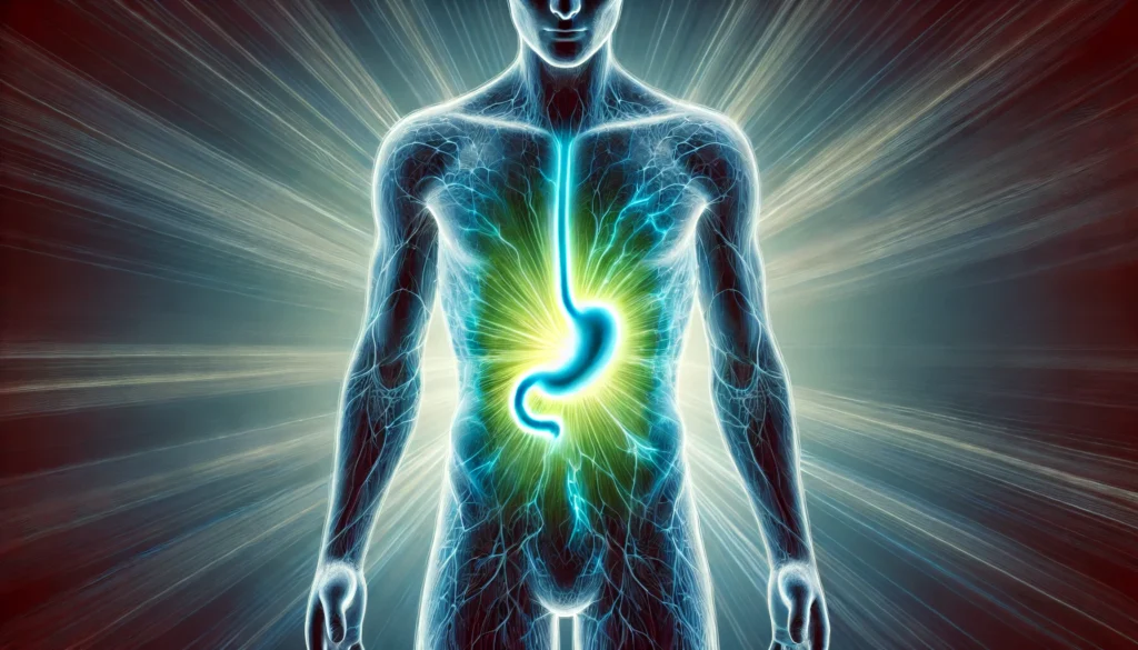 A conceptual illustration of a human silhouette with a glowing stomach, emitting a calming blue-green aura, representing the relaxing benefits of L-Theanine on an empty stomach