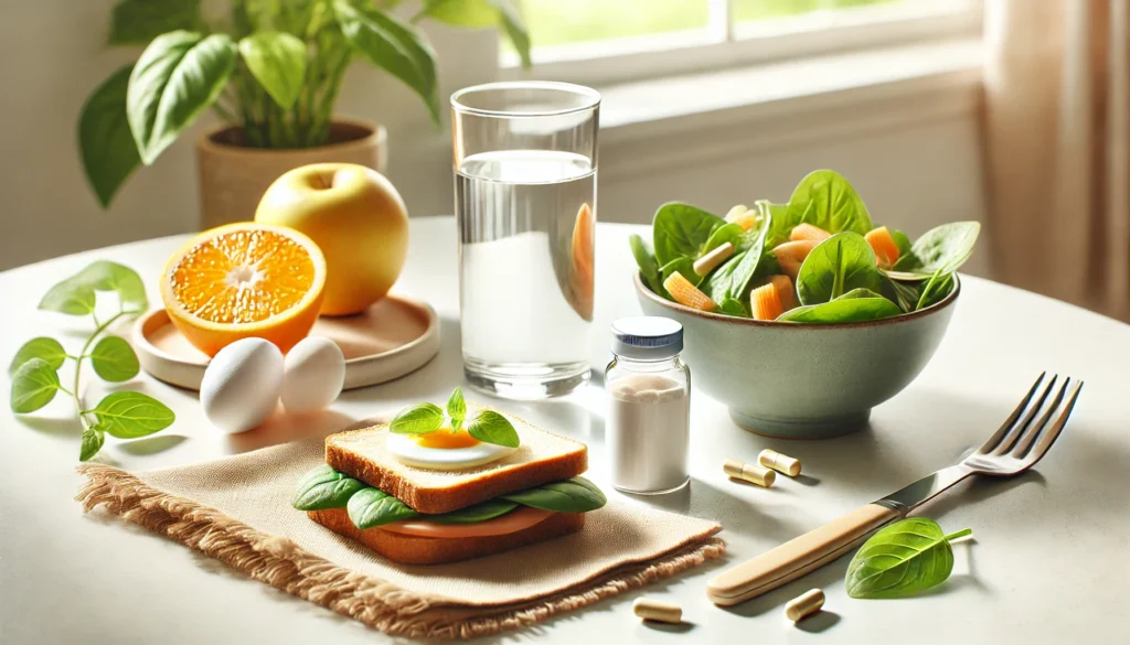 A bright and inviting breakfast scene featuring a glass of water, a supplement bottle, and a healthy meal, representing best practices for taking L-Theanine for wellness and nutrition