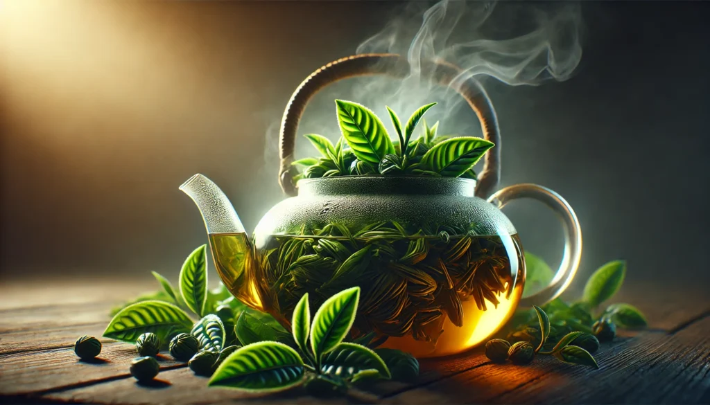Fresh green tea leaves steeping in a transparent glass teapot, with rising steam creating a calming ambiance. The focus is on the vibrant green leaves, emphasizing their natural cognitive-boosting properties