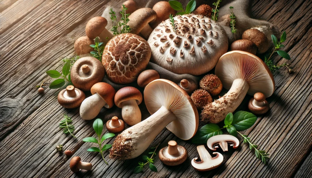 A selection of fresh shiitake, maitake, and boletus mushrooms arranged on a rustic wooden surface. The earthy tones highlight their natural richness in L-Theanine and cognitive-enhancing properties