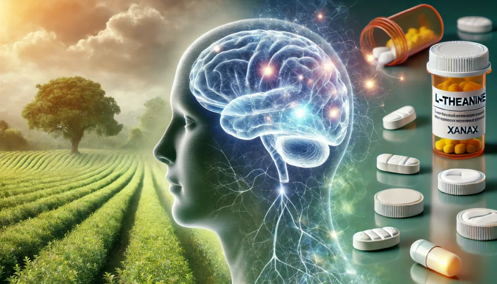 A symbolic representation of the cognitive effects of L-Theanine and Xanax. The image displays a human head in profile, split into two halves—one side illuminated with a glowing neural network, showing a smooth, calming energy flow (L-Theanine), while the other side appears foggy and sluggish, with neurons fading into a dreamlike haze (Xanax). The background blends green tea fields with a clinical pharmacy setting, emphasizing the contrast between natural and pharmaceutical influences