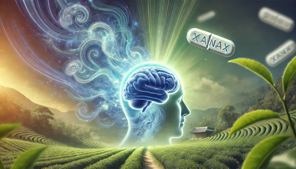 A conceptual depiction of L-Theanine and Xanax's interaction on the human mind. The image features a glowing brain surrounded by swirling blue-green energy waves (L-Theanine), which gradually merge with a heavier, hazy mist (Xanax) covering part of the brain. The contrast between mental clarity and sedation is emphasized. The background blends elements of a peaceful tea plantation with a clinical medical setting, highlighting the dual nature of their effects