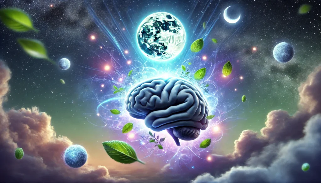 A surreal digital illustration depicting the synergy between L-Theanine and Melatonin in enhancing sleep and cognitive function. A glowing brain floats in a tranquil night sky, surrounded by floating tea leaves and luminescent moon orbs, symbolizing relaxation and mental clarity. The brain emits a calming blue and purple aura, blending into the starry background, representing deep sleep and enhanced cognition