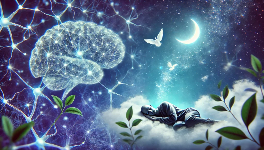 A dreamlike illustration of a person sleeping peacefully on a floating cloud, enveloped by glowing neural pathways symbolizing cognitive enhancement. Tea leaves gently drift around, representing L-Theanine, while soft moonlight bathes the scene, signifying Melatonin’s calming effect. The image features deep blue and purple hues, enhancing the sense of relaxation and mental clarity