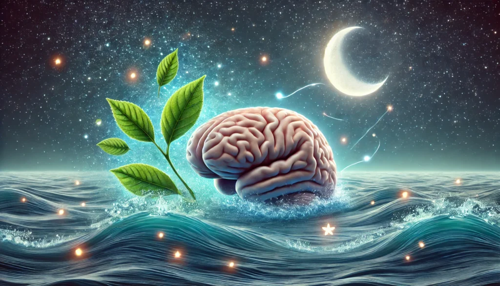 A symbolic illustration of a human brain partially submerged in a tranquil, starry ocean, representing deep sleep. Tea leaves float above calming blue waves, symbolizing L-Theanine, while a crescent moon emits a soft glow, representing Melatonin. Gentle pulses of light flow through the brain, signifying enhanced cognitive function and relaxation