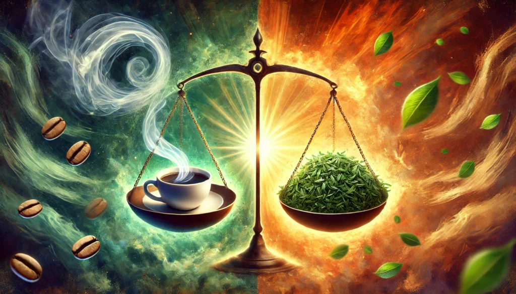 A symbolic artistic visualization of the ideal L-Theanine and Caffeine ratio for energy and focus. A balanced scale holds a steaming coffee cup on one side and a bowl of green tea leaves on the other, both radiating a soft energy aura. The background features an abstract blend of warm and cool tones, representing the harmony between stimulation and relaxation