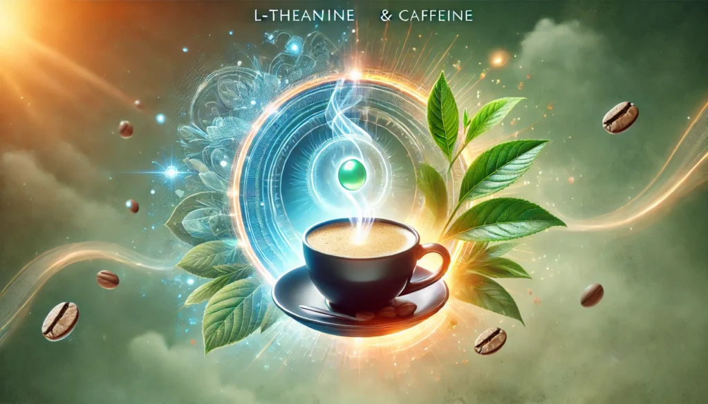 A visually balanced composition featuring a steaming coffee cup and fresh green tea leaves, symbolizing the synergy of caffeine and L-theanine. A glowing energy aura connects the elements, representing enhanced focus and sustained energy. The background is a soft, calming gradient, evoking mental clarity