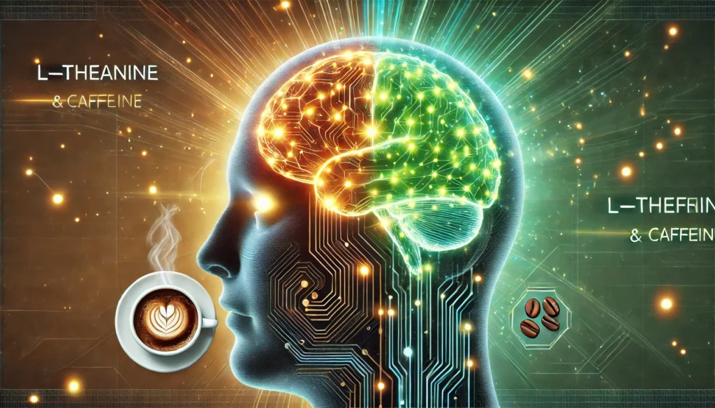 A futuristic digital rendering of a human brain with glowing neural pathways, symbolizing the cognitive benefits of L-Theanine and Caffeine. One side of the brain is illuminated in warm coffee tones, representing energy, while the other side is bathed in a calming green hue, symbolizing relaxation and focus. The background features a subtle tech-inspired pattern, emphasizing mental clarity and performance