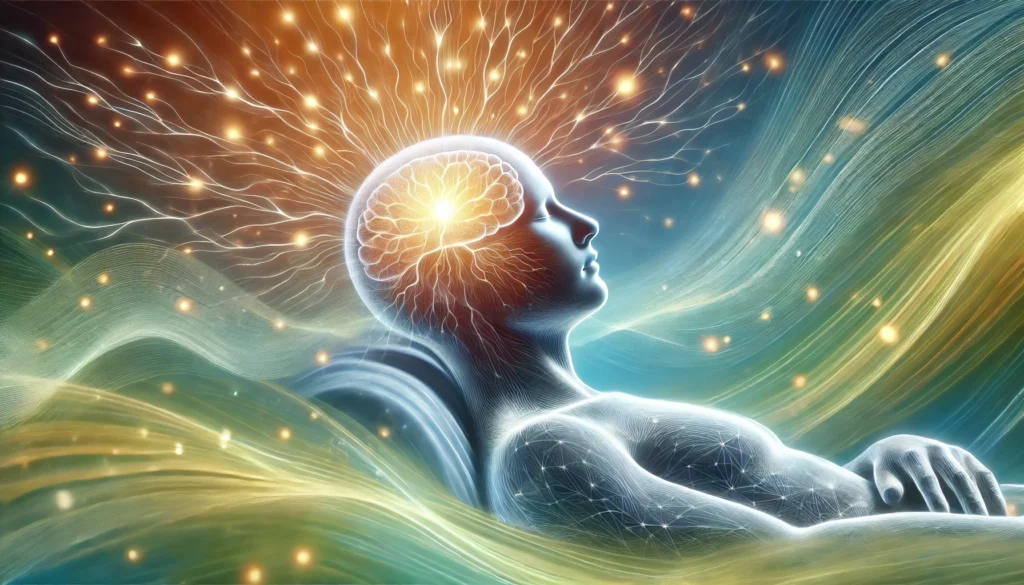 A conceptual illustration of L-Theanine's effects on the brain, featuring a peaceful human figure with a glowing neural network. The soft blue and green hues represent relaxation and focus