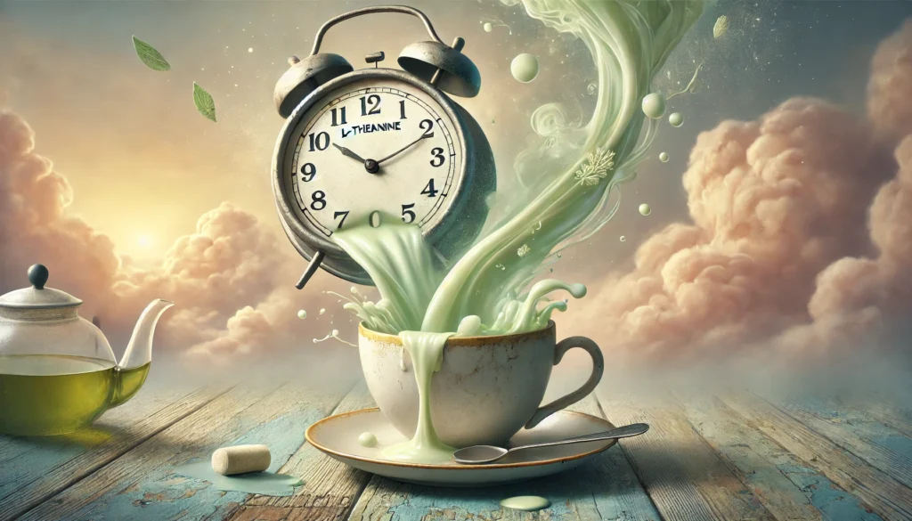 A surreal illustration of time passing, with a melting clock blending into a cup of green tea, symbolizing the timing of L-Theanine’s effects in a dreamy, calming atmosphere