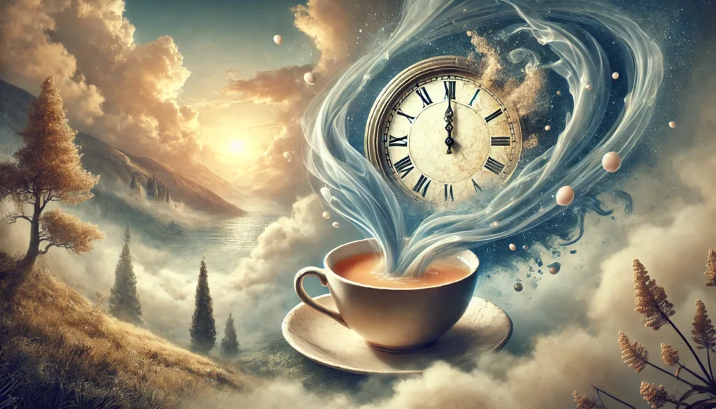 A surreal representation of time and relaxation, featuring a dissolving clock merging into a swirling cup of tea, symbolizing the onset of L-Theanine’s effects. The dreamy, ethereal background enhances the sense of calm and tranquility