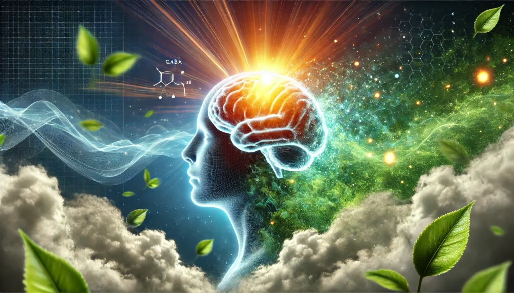 A human head silhouette with a glowing brain infused with green tea extract and GABA molecules floating around. The background features a tranquil nature-inspired setting, evoking relaxation and mental clarity