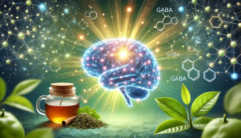 A glowing, well-connected neural network with energy pulses flowing through it, surrounded by green tea extracts and GABA molecules. The serene background radiates mental clarity, focus, and relaxation