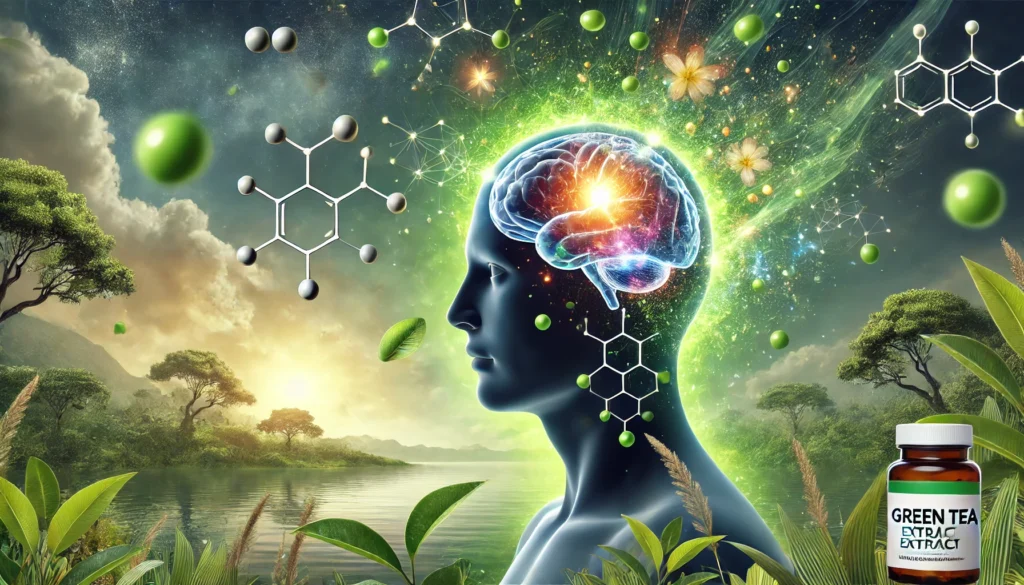 A clouded, hazy human brain transitioning into a vibrant, illuminated state, symbolizing the effects of GABA and Theanine. The surrounding atmosphere features natural elements like green tea leaves and calming energy waves, illustrating cognitive enhancement
