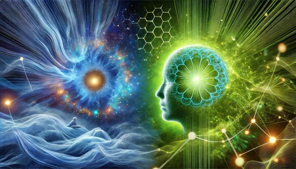 Abstract representation of GABA and L-Theanine effects on the brain, with a tranquil blue aura symbolizing relaxation and sleep, and a vibrant green glow representing focus and mental clarity, connected by a neural network