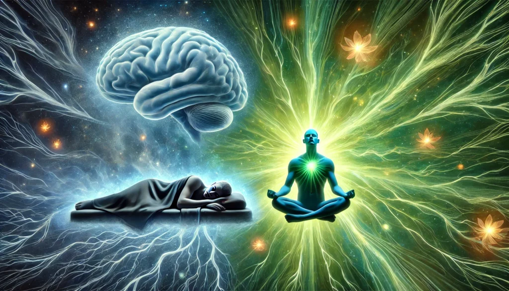 Surreal depiction of GABA and L-Theanine effects, with a soft blue glow surrounding a sleeping figure symbolizing relaxation, and a vibrant green light illuminating a meditating individual representing focus and cognitive enhancement