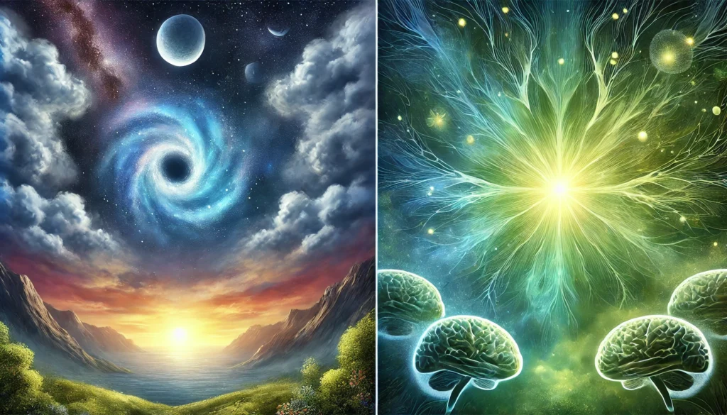 Artistic representation of GABA and L-Theanine effects, with a tranquil blue night sky symbolizing relaxation and sleep, a vibrant green sunrise depicting focus and cognitive enhancement, and a fusion of both colors illustrating balanced mental well-being