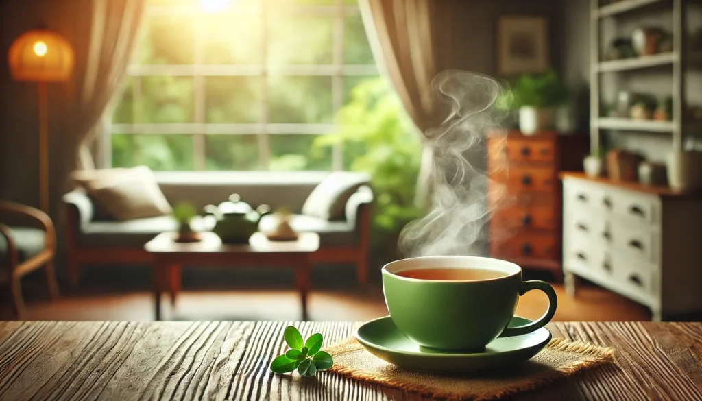 A cozy indoor setting with a steaming cup of green tea on a wooden table. Soft natural light streams through a window, casting a warm glow over the peaceful home environment, evoking relaxation, mental clarity, and stress relief
