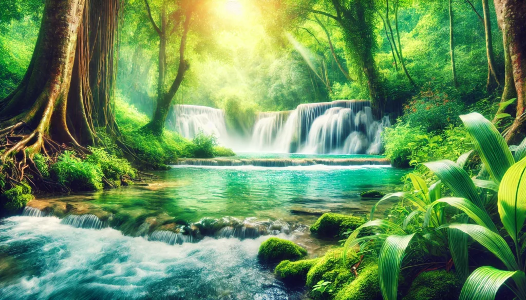 A breathtaking nature scene featuring a waterfall cascading into a crystal-clear river, surrounded by lush greenery. Sunlight filters through the trees, enhancing the tranquil and refreshing atmosphere, evoking mental clarity and inner peace