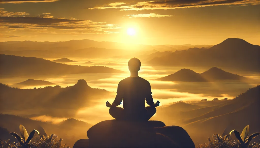 A meditative person sits in a lotus position on a tranquil hilltop at sunrise, overlooking a mist-covered valley. The golden light illuminates their silhouette, symbolizing deep mental clarity, emotional balance, and inner peace