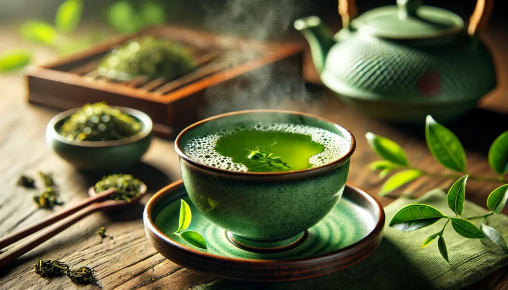 A close-up of a steaming cup of vibrant green tea in a traditional ceramic cup on a wooden table, with delicate tea leaves floating on the surface and fresh tea leaves in the background