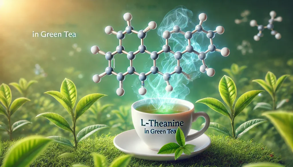 A scientific visualization of L-Theanine in green tea, showing a molecular structure floating above a steaming cup of tea with fresh tea leaves in the background, representing the beneficial compounds in green tea