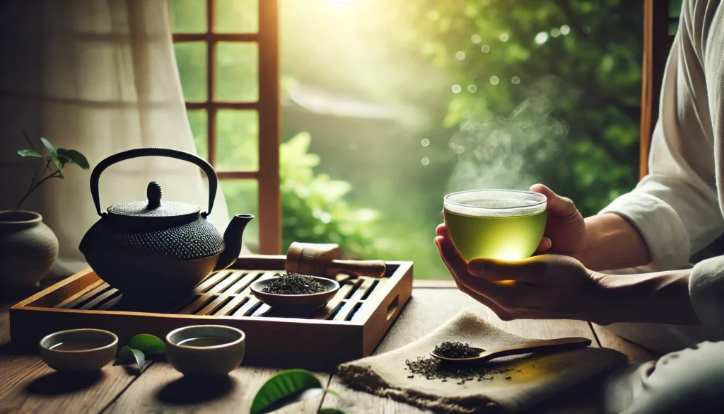 A serene tea-drinking scene in a Zen-inspired setting, showing a person holding a warm cup of green tea near a window with natural light, a teapot, and a tranquil outdoor view, symbolizing relaxation and the calming effects of green tea