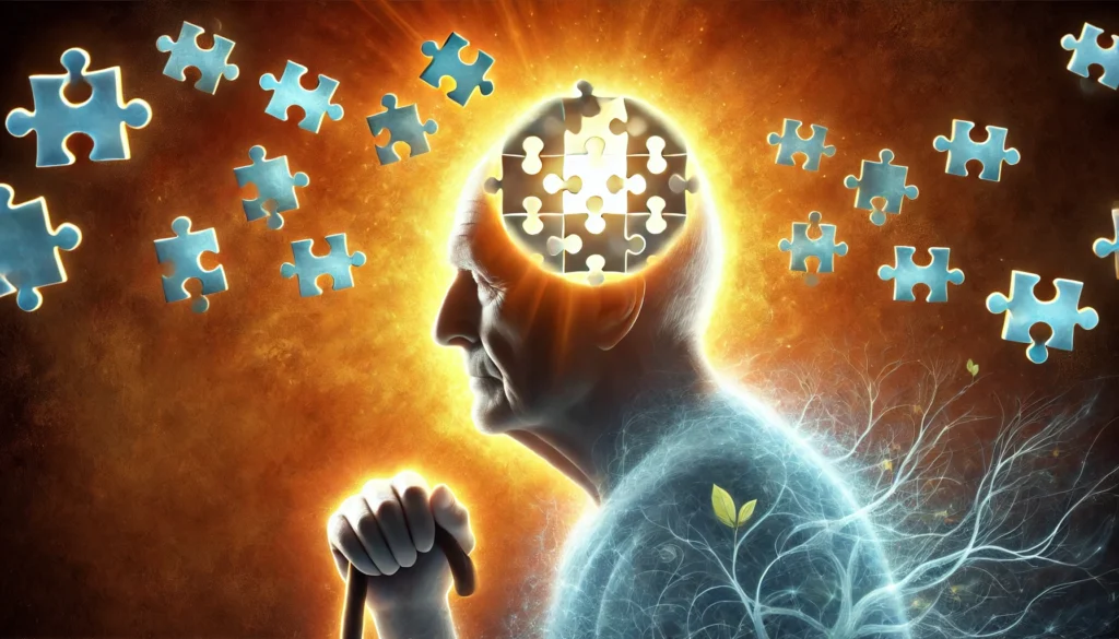 An elderly person surrounded by a glowing aura, with puzzle pieces coming together in their mind, symbolizing memory restoration and cognitive recovery. The background is warm and hopeful, emphasizing improved brain function.