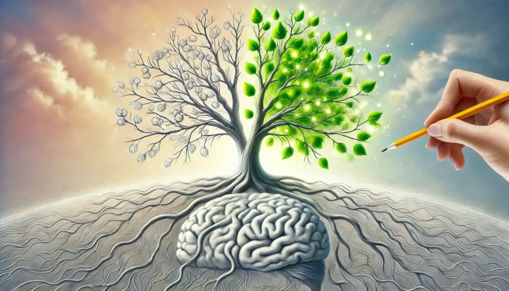 A tree with bright green leaves growing on branches that were previously barren, symbolizing cognitive renewal and memory recovery. The background is soft and inspiring, emphasizing brain health and regeneration.