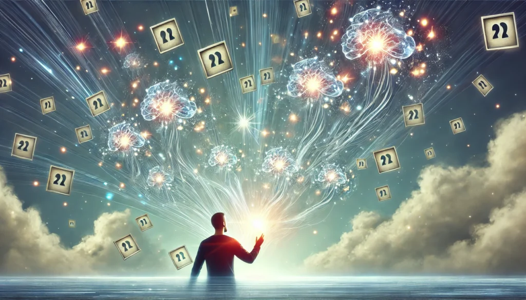 A person surrounded by floating glowing memory fragments, symbolizing improved recollection and cognitive function. The background is soft and inspiring, emphasizing mental agility and clarity.