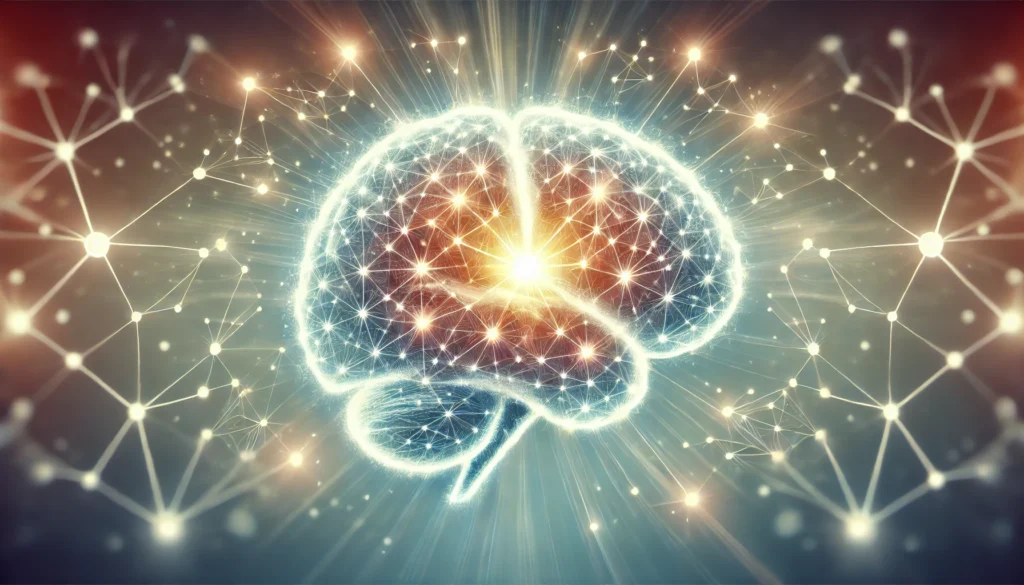 A bright neural network forming strong connections in a glowing brain, symbolizing improved cognitive function and memory recall. The background is soft and energizing, emphasizing mental sharpness and focus.