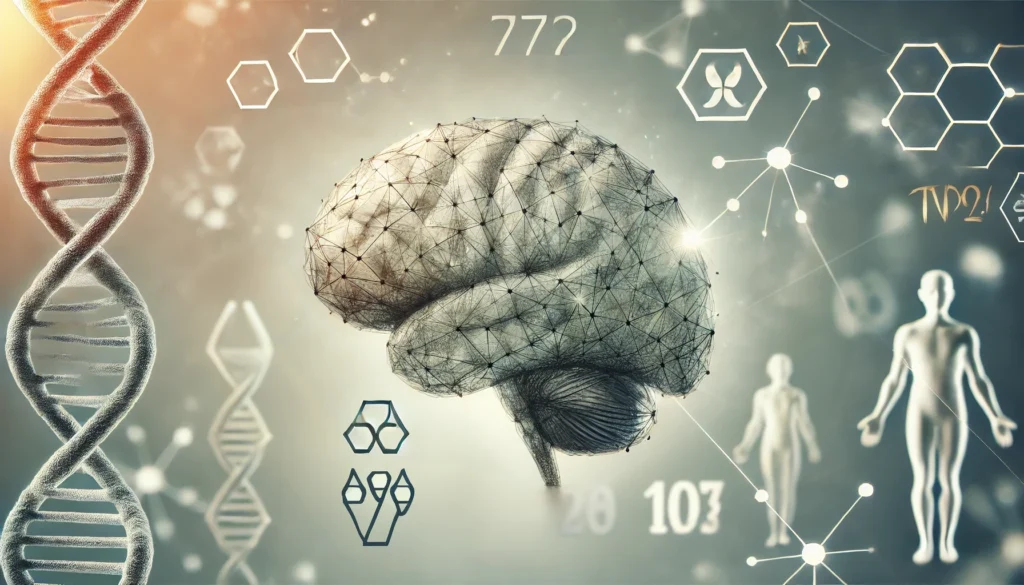 A human brain with fading neural connections, symbolizing genetic and environmental risks leading to cognitive decline. The background is soft and neutral, emphasizing brain health vulnerability.