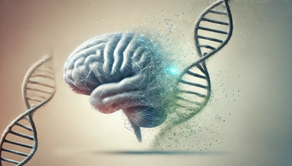 A DNA strand blending into a fading brain, symbolizing genetic susceptibility and hereditary risks. The background is soft and neutral, emphasizing the impact of genetics on cognitive health.