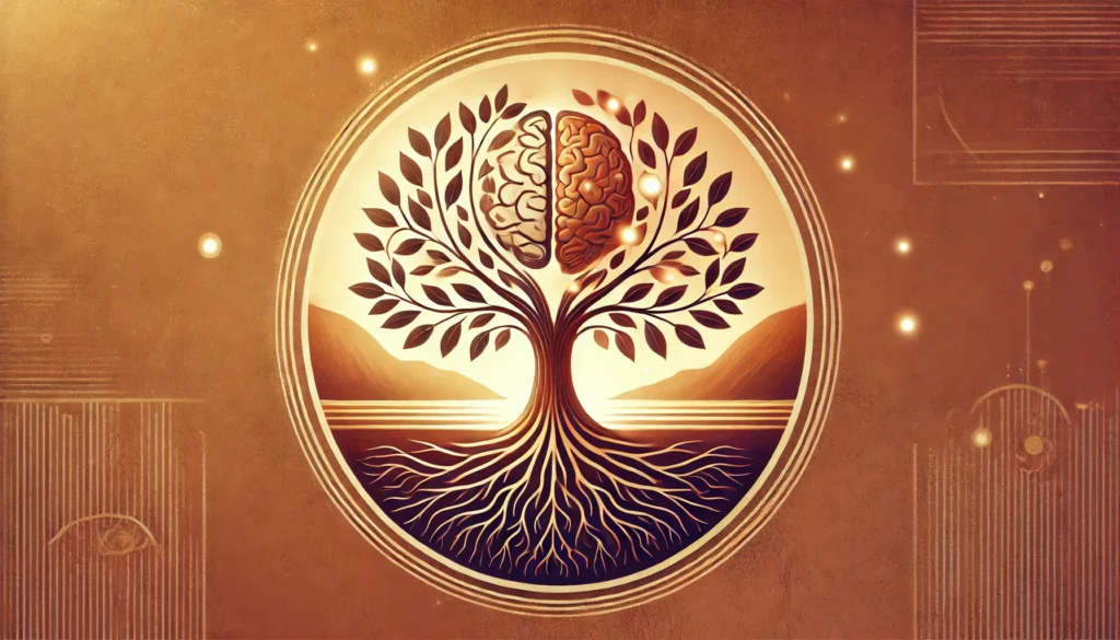 A tree with deep roots and bright, flourishing branches, symbolizing mental stability and a sharp mind. The background is warm and peaceful, emphasizing longevity and brain wellness.