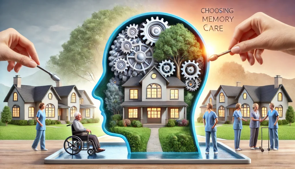 A serene and well-lit senior residence with caregivers and elderly residents engaged in cognitive activities, symbolizing a stimulating and supportive environment. The background is peaceful and inviting, emphasizing mental engagement and well-being.