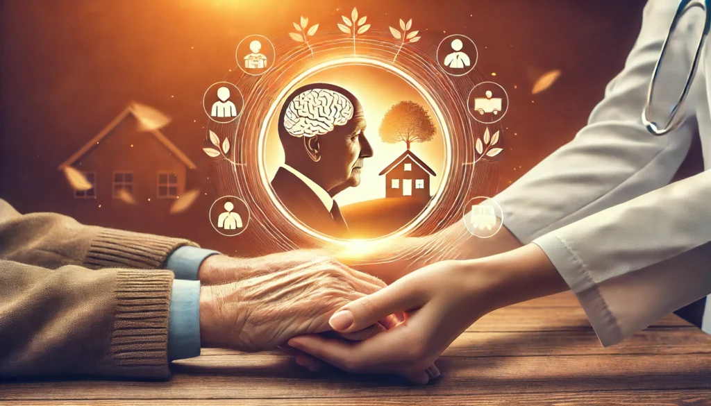 A caregiver holding the hands of an elderly person, surrounded by a peaceful and home-like environment, symbolizing trust, support, and compassionate memory care. The background is warm and reassuring, emphasizing dignity and personal attention.