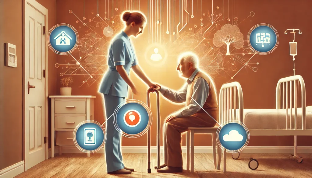 A caregiver assisting an elderly person in a well-lit, comfortable room with safety rails and emergency call buttons, symbolizing essential care features. The background is warm and inviting, emphasizing security and personalized attention.