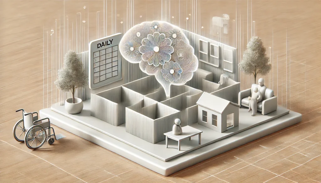 A secure and well-maintained senior care center with a calming atmosphere, featuring a structured daily schedule board, symbolizing organized care and routine. The background is soft and structured, emphasizing a supportive environment.