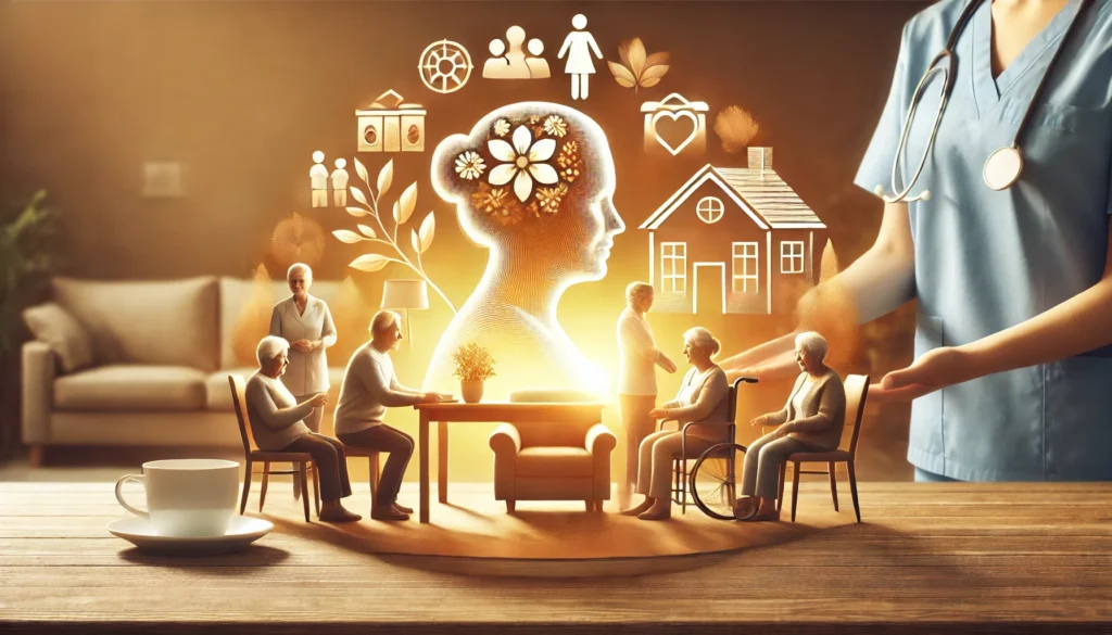 A spacious and comfortable senior common area with caregivers and residents engaging in cognitive activities, symbolizing structured engagement and support. The background is warm and homely, emphasizing a nurturing and stimulating environment.